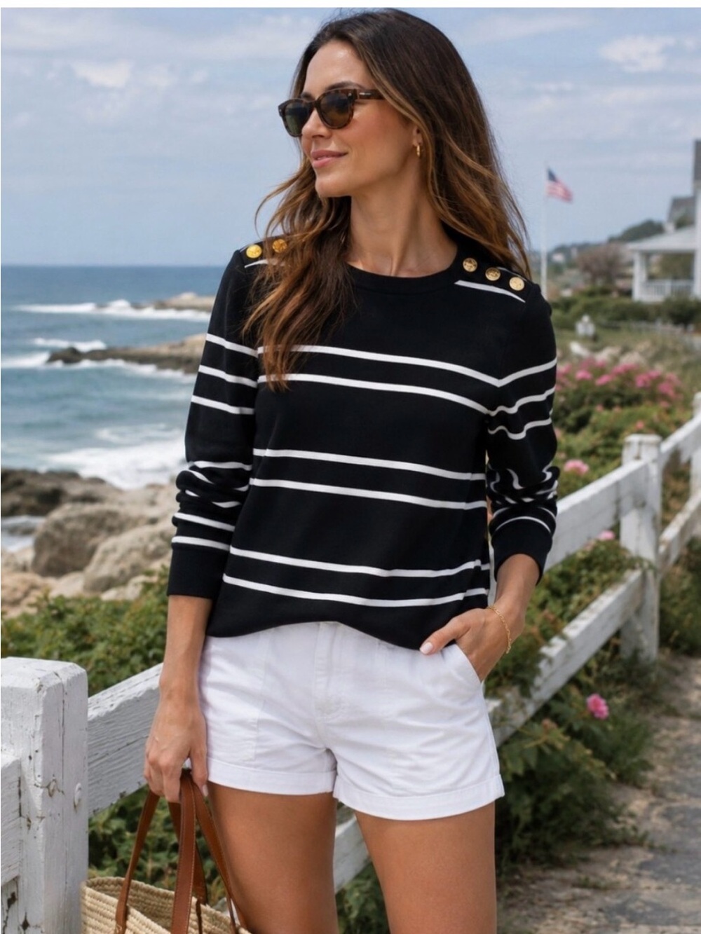 J. Crew Perfect-Fit Black White Stripe Gold Lion Crest Button Tee XS NWOT